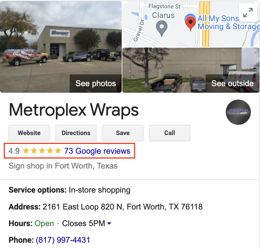 Screenshot of Google Business Profile Reviews for Local Car Wraps Shop Business