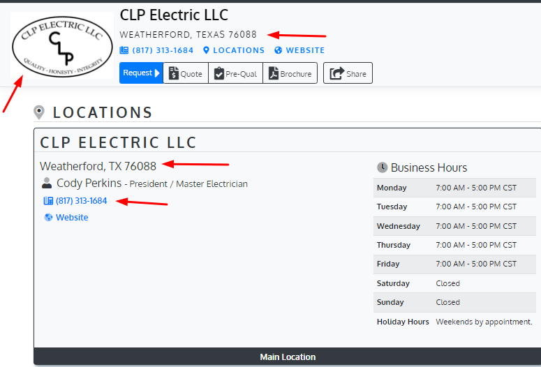 Screenshot of Electrician Brand Profile on Bluebook