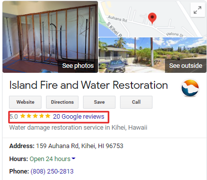 Screenshot of Google Business Profile for Fire Restoration Business