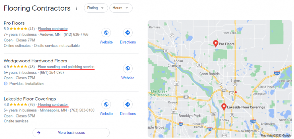 Screenshot of Local Map 3-Pack for Flooring Contractor in MN