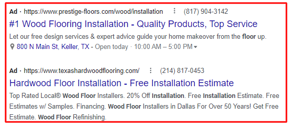 Screenshot of Google PPC Ads for Flooring