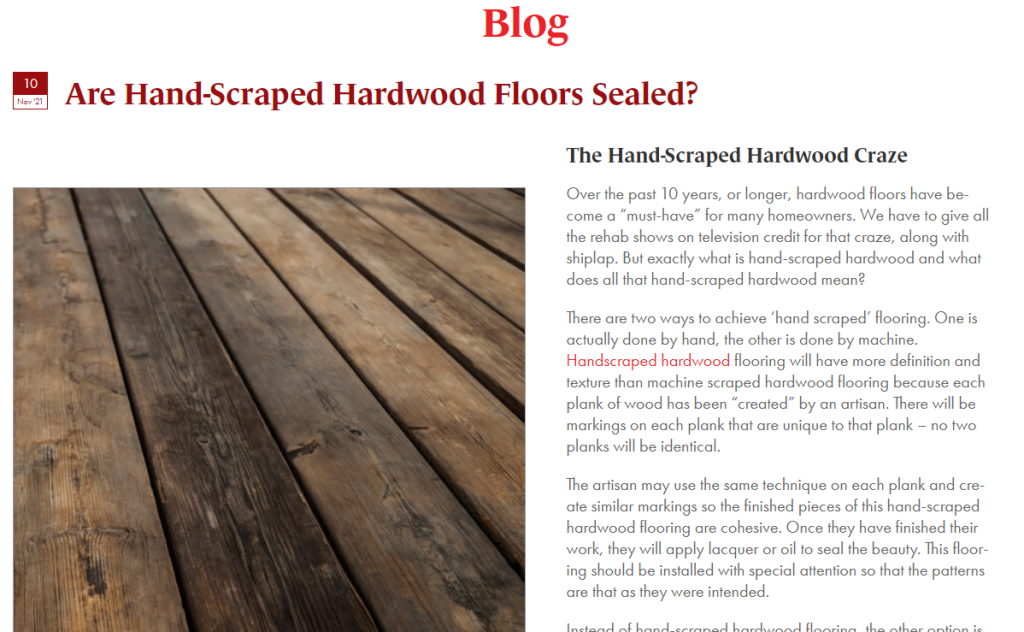 Screenshot of Blog Post Content on Flooring Company Website