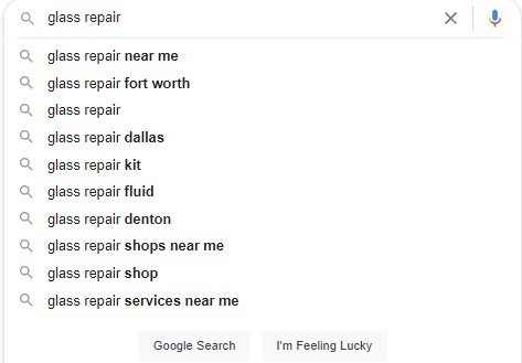 Glass Repair Keyword Suggestions (Google Screenshot)