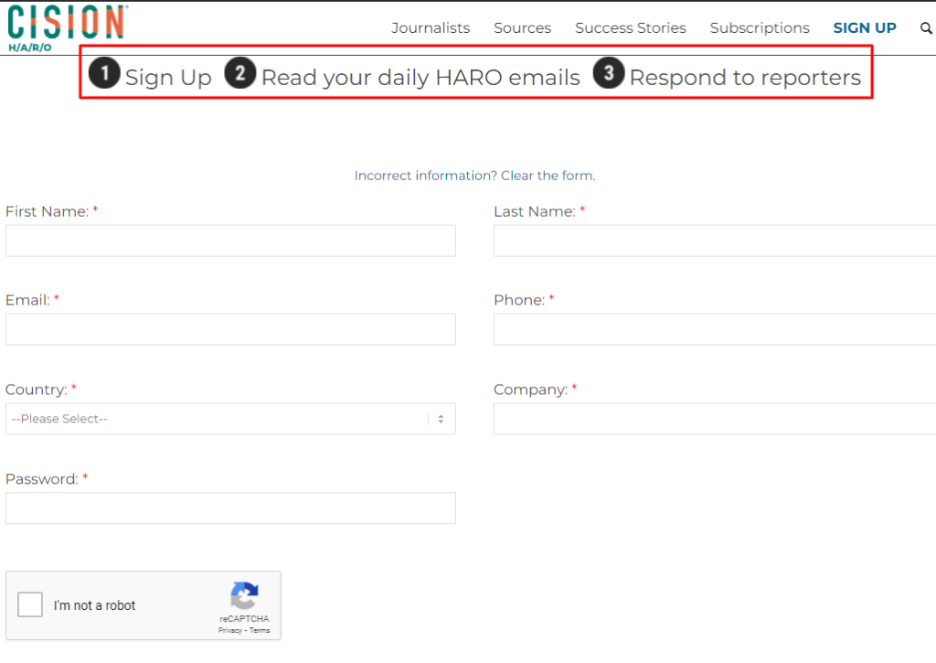 HARO Sign Up Form Screenshot