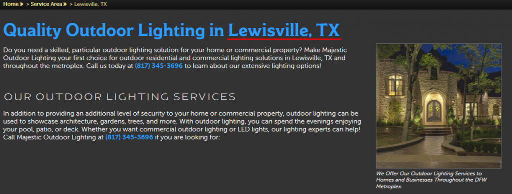 Screenshot of Lewisville, TX City Page from Home Service Website