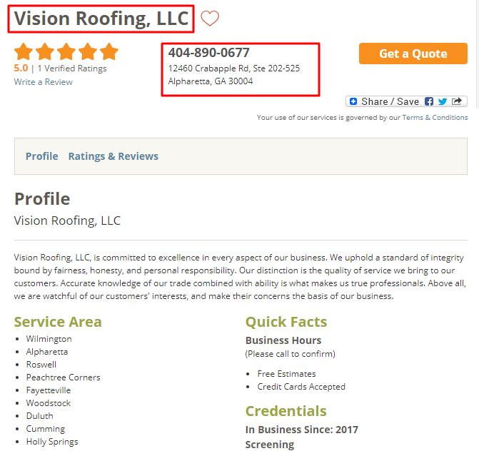 HomeAdvisor Roofer Listing