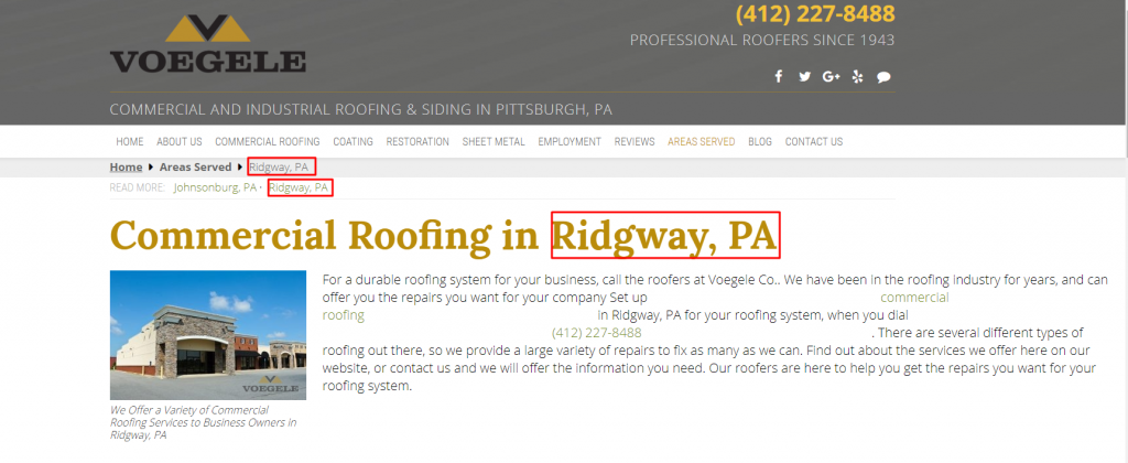 Roofing Location Page Example
