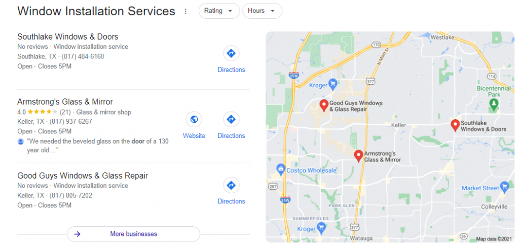 Screenshot of Google Map Pack for Window and Door Search