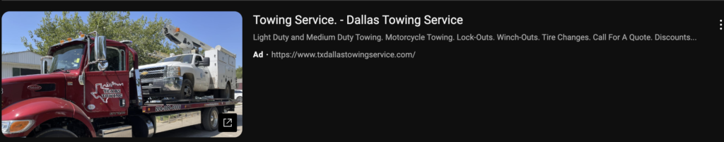 YouTube Tow Truck Ad (Screenshot)